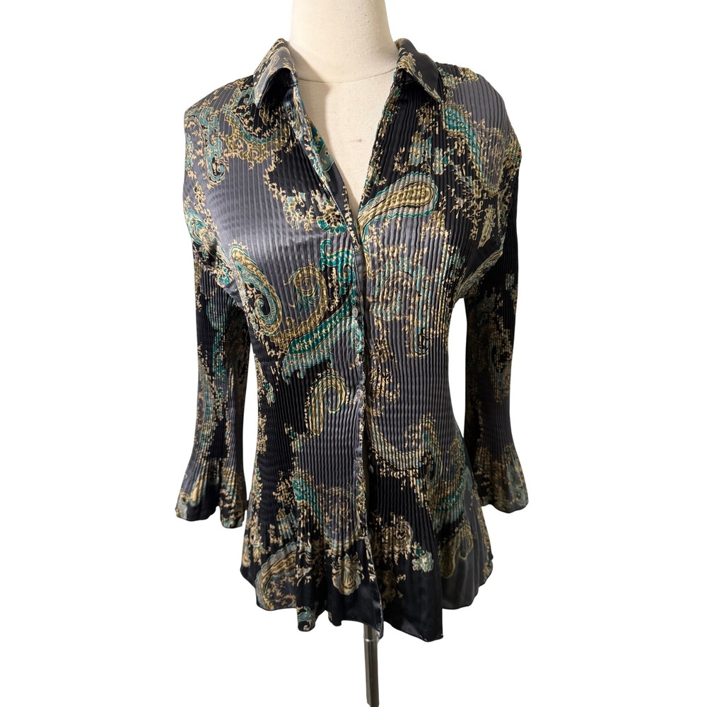 Jaclyn Smith XXL Paisley Plisse Pleated Button Down Blouse Teal Black Gold